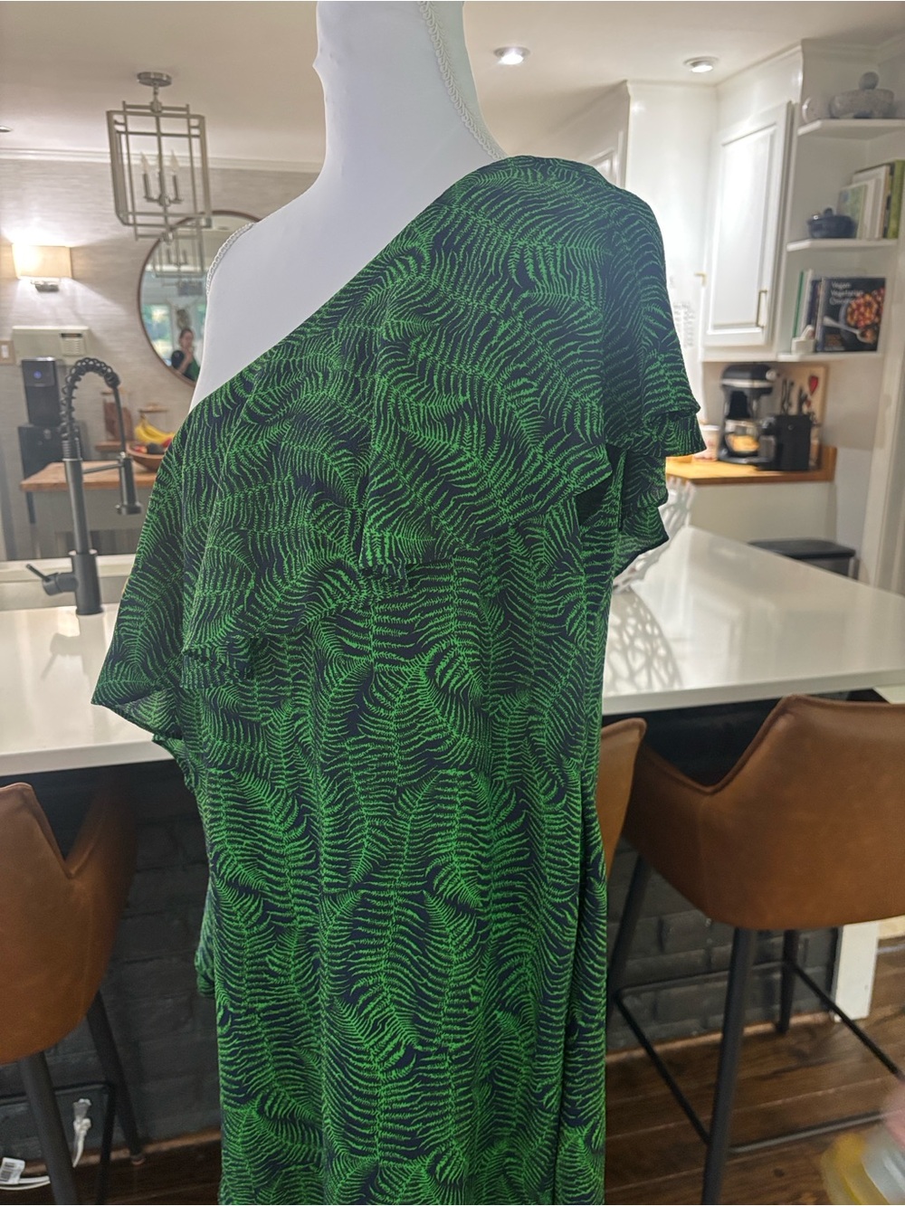 Michael Kors One Shoulder Monstera Leaf Chiffon Midi Dress